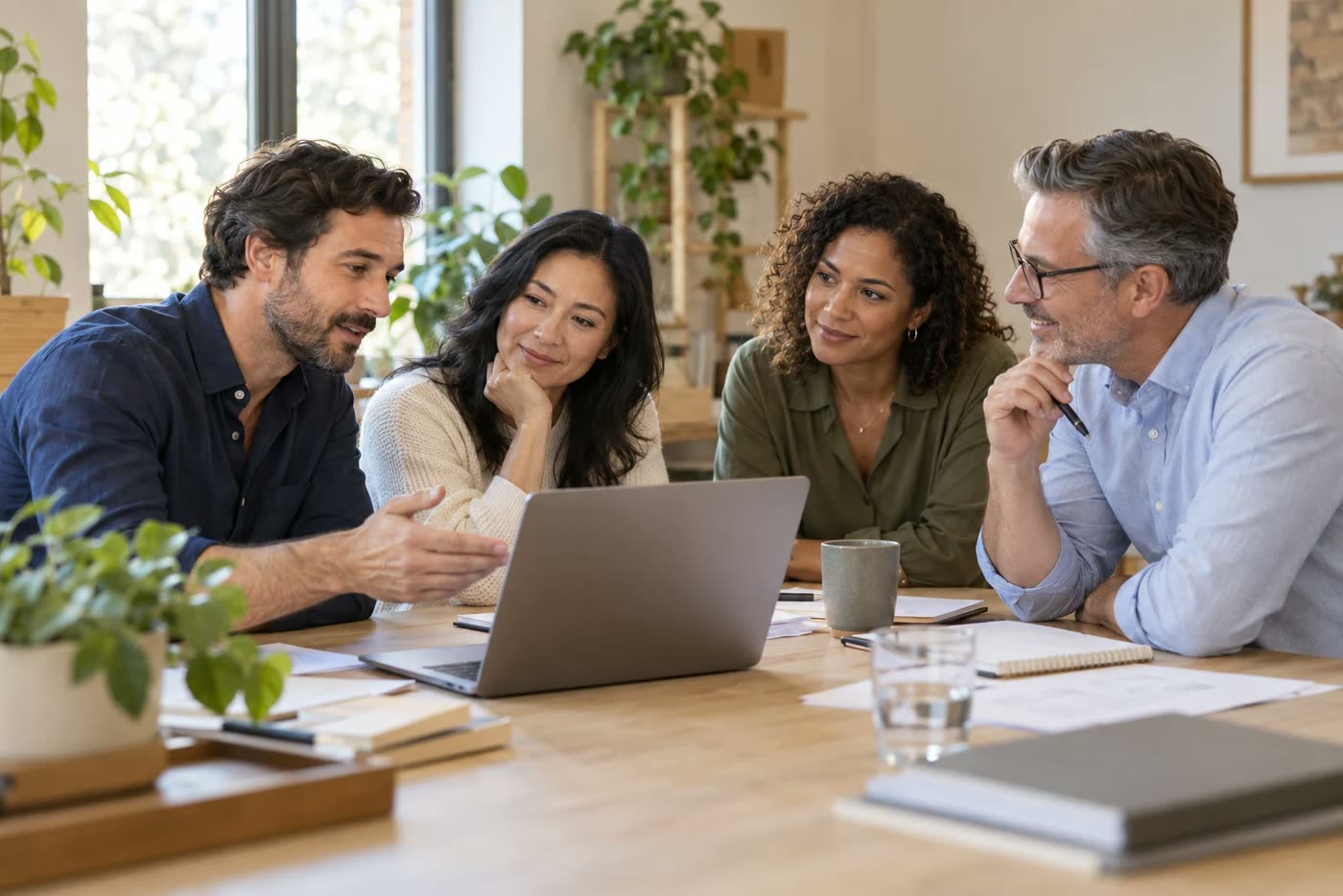 A team talking through results around a laptop